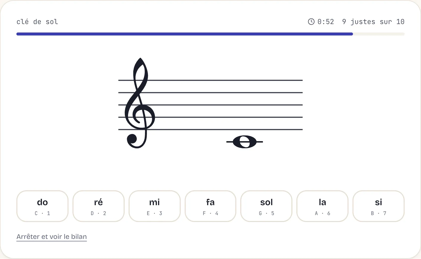 Séance de lecture de notes en cours : une note sur la portée en clé de sol, le chronomètre à 52 secondes, 9 notes justes sur 10 et les sept boutons de do à si