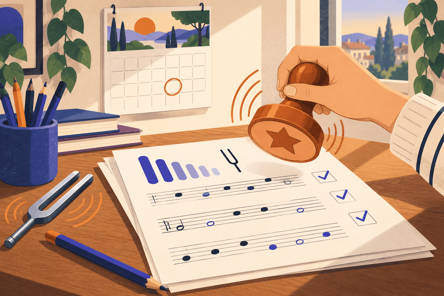 Une copie d'examen de formation musicale, un calendrier de juin et un tampon de réussite