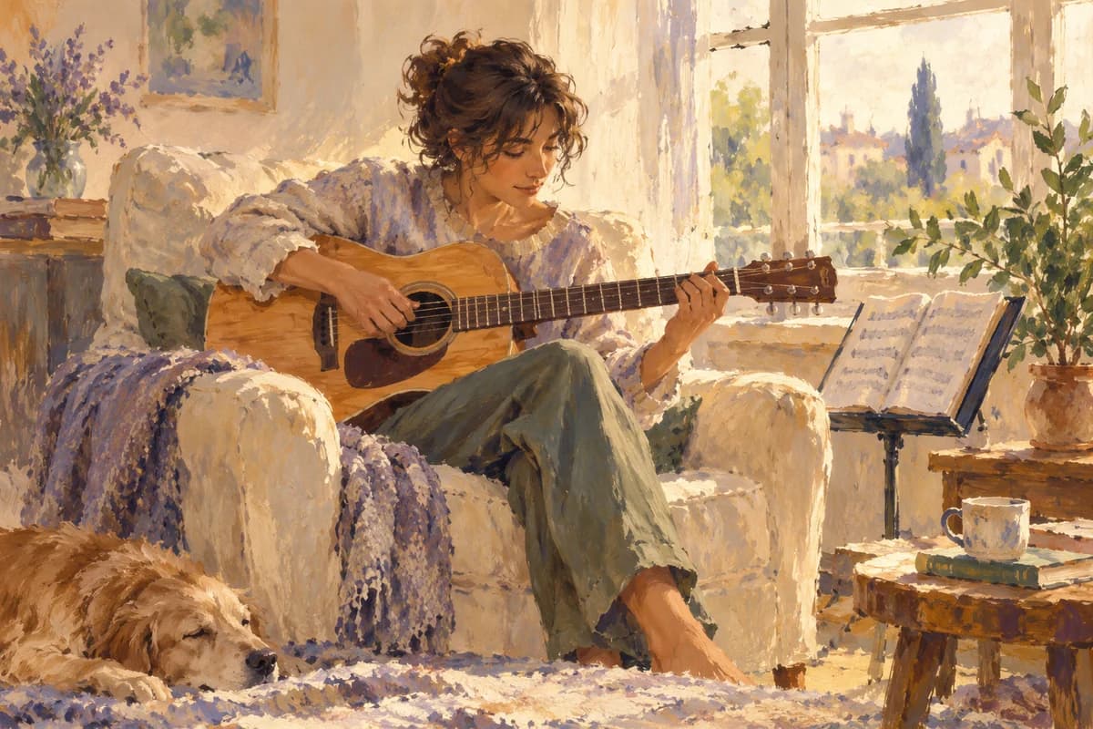 Une personne pratique la guitare près d’une fenêtre, dans une lumière chaude