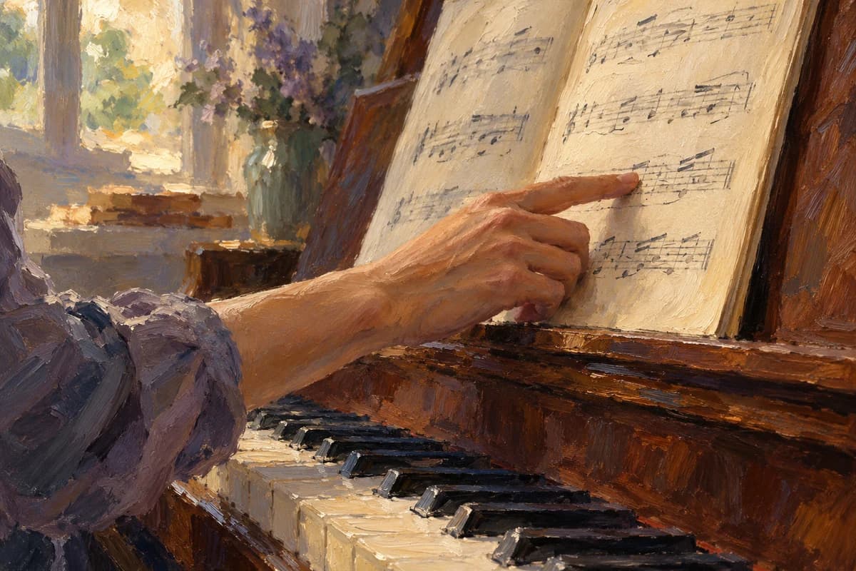 Une main suit une partition sur le pupitre d’un piano