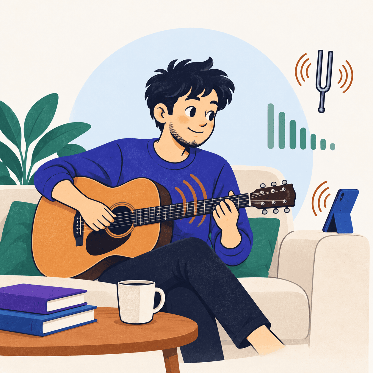 Un adulte joue de la guitare dans son salon en consultant sa tablette