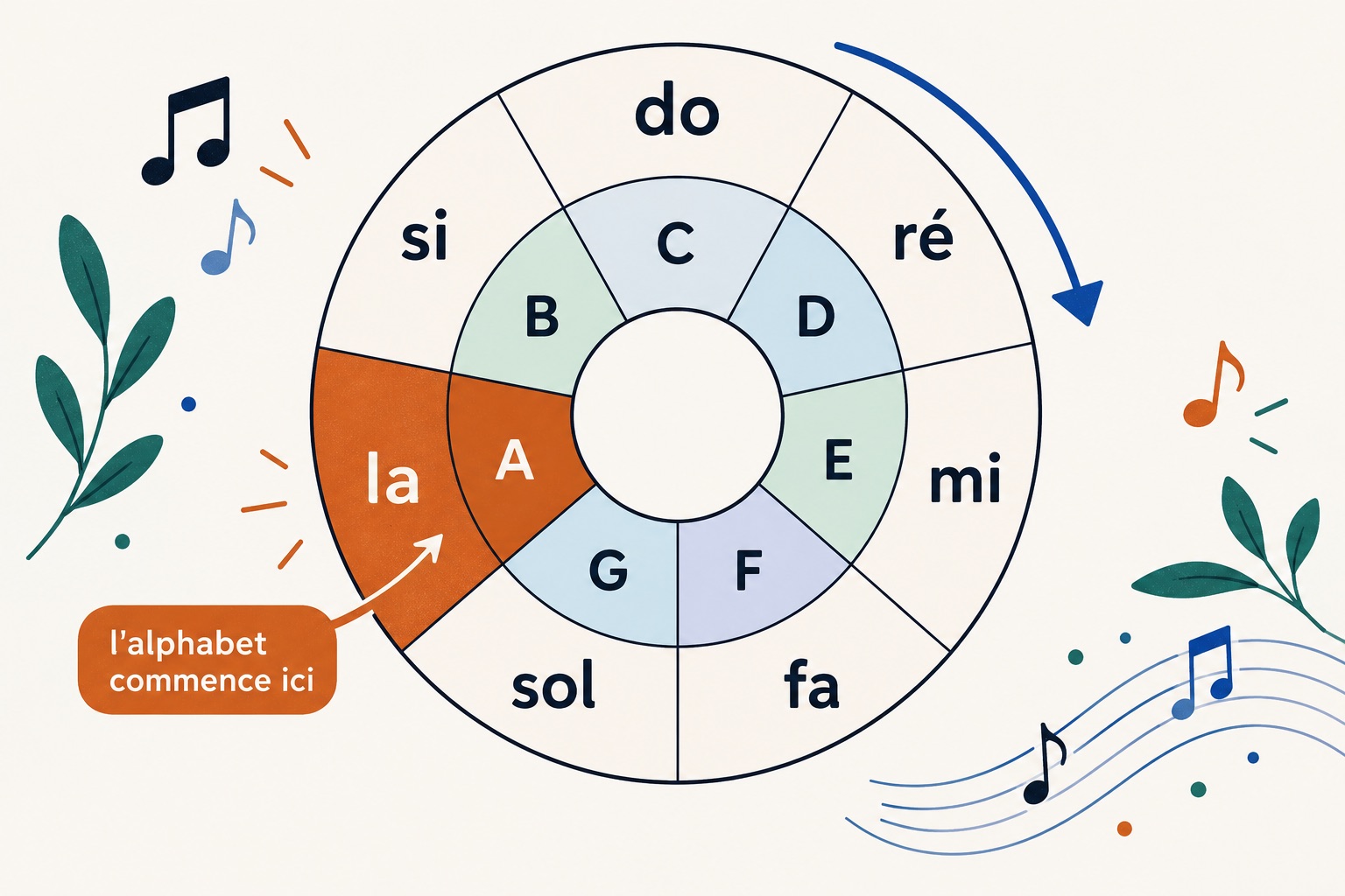 Deux roues concentriques font correspondre les syllabes do ré mi fa sol la si aux lettres C D E F G A B